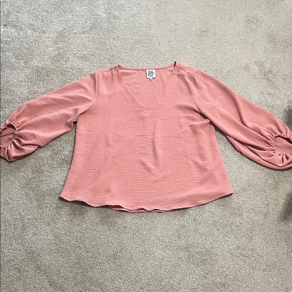 Dusty Rose V-Neck Blouse with Balloon Sleeves